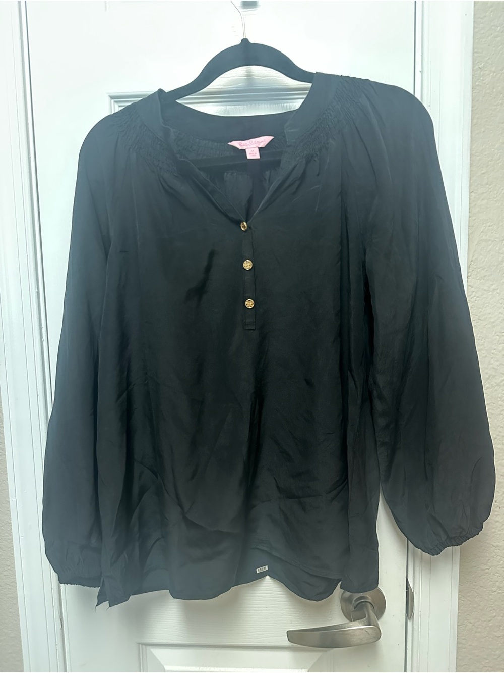 Lilly Pulitzer Black Smocked Neck Henley Blouse with Gold Buttons